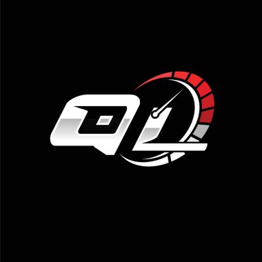 Siyah arkaplan içinde hız ölçer stili tasarımı olan QL logosu. Yarış hız logosu harfi, hız ölçer monogram tasarımı.