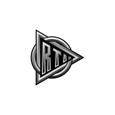 Üçgen ve yuvarlak biçim tasarımlı RT logosu, harf yuvarlak çember üçgen, izole edilmiş arkaplanda soyut üçgen monogram dairesi