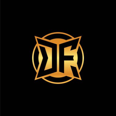 İzole arka planda geometrik altın şekil tasarımı, altın geometrik şekil tarzı, altın ve altın monograma sahip DF logosu
