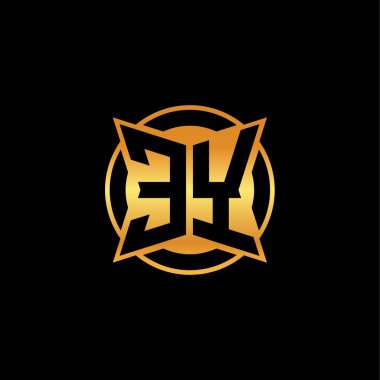İdeal arka plan, altın geometrik şekil, altın geometrik şekil, altın ve altın monogram ile geometrik altın şekil tasarımı içeren EY logosu