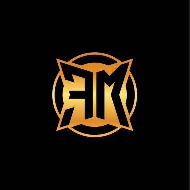 İzole arkaplan, altın geometrik şekil, altın geometrik şekil, altın ve altın monogram ile geometrik altın şekil tasarımlı FM logosu