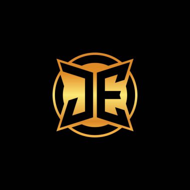 İzole arkaplan, altın geometrik şekil, altın geometrik şekil, altın ve altın monogram ile geometrik altın şekil tasarımlı JE logosu