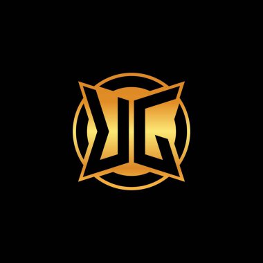 İzole arkaplan, altın geometrik şekil, altın geometrik şekil, altın ve altın monogram geometrik tasarımlı UJ logosu