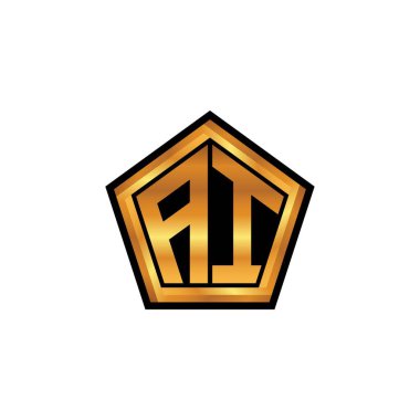 İzole arkaplan, altın geometrik şekil, altın geometrik şekil, altın ve altın monograma sahip geometrik altın şekilli ilk logo