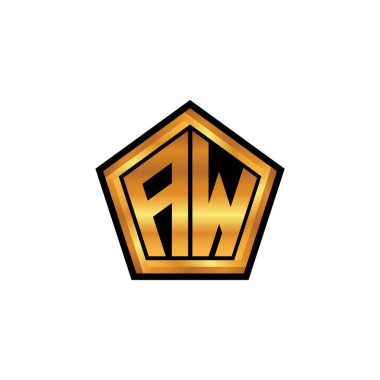 İzole arkaplan, altın geometrik şekil, altın geometrik şekil, altın ve altın monogram ile geometrik altın şekil tasarımlı AW logosu