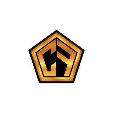 İzole arkaplan, altın geometrik şekil, altın geometrik şekil, altın ve altın monogram ile geometrik altın şekil tasarımlı CF logosu