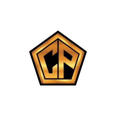 İzole arkaplan, altın geometrik şekil, altın geometrik şekil, altın ve altın monogram ile geometrik altın şekil tasarımlı CP logosu