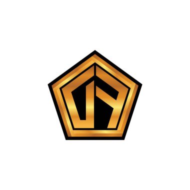 İzole arka planda geometrik altın şekil tasarımı, altın geometrik şekil tarzı, altın ve altın monograma sahip DF logosu