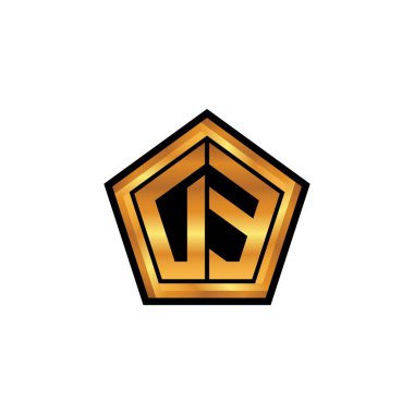 İzole arkaplan, altın geometrik şekil, altın geometrik şekil, altın ve altın monogram ile geometrik altın şekil tasarımlı DE logosu