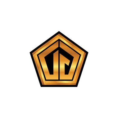 İzole arka planda geometrik altın şekil tasarımı, altın geometrik şekil stili, altın ve altın monograma sahip ilk DG logosu