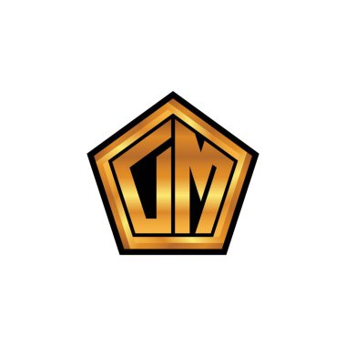 İzole arka planda geometrik altın şekil tasarımı, altın geometrik şekil stili, altın ve altın monograma sahip DM logosu
