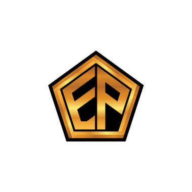 İzole arkaplan, altın geometrik şekil, altın geometrik şekil, altın ve altın monogram ile geometrik altın şekil tasarımlı ilk EP logosu