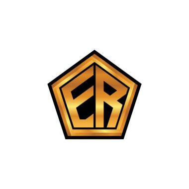 İzole arka plan, altın geometrik şekil, altın geometrik şekil, altın ve altın monogram geometrik tasarımı ile ER ilk monogramı