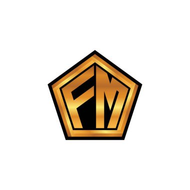 İzole arkaplan, altın geometrik şekil, altın geometrik şekil, altın ve altın monogram ile geometrik altın şekil tasarımlı FM logosu