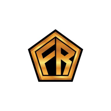 İzole arkaplan, altın geometrik şekil, altın geometrik şekil, altın ve altın monogram geometrik tasarımlı FR logosu