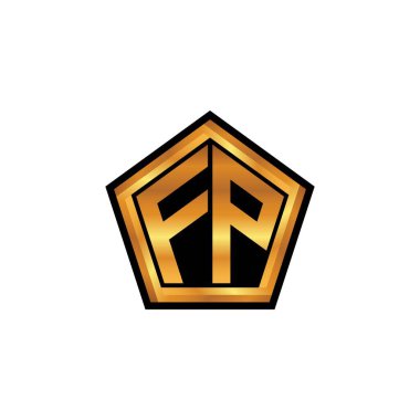 İzole arkaplan, altın geometrik şekil, altın geometrik şekil, altın ve altın monogram ile geometrik altın şekil tasarımlı FP logosu