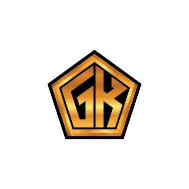 İzole arka planda geometrik altın şekil tasarımı, altın geometrik şekil stili, altın ve altın monograma sahip GK logosu