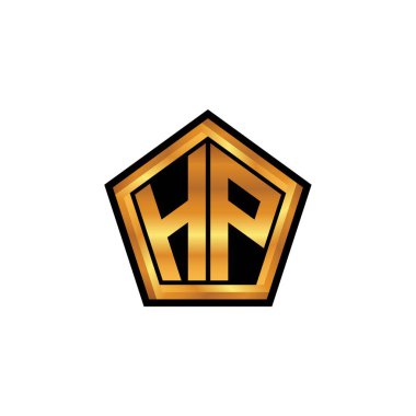 İzole arkaplan, altın geometrik şekil, altın geometrik şekil, altın ve altın monogram ile geometrik altın şekil tasarımlı HP logosu