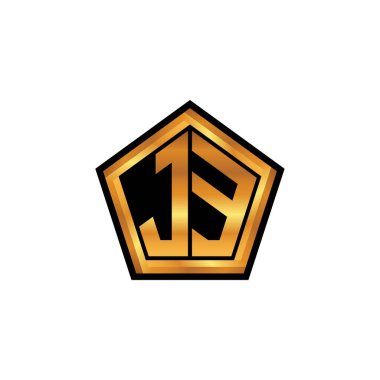İzole arkaplan, altın geometrik şekil, altın geometrik şekil, altın ve altın monogram ile geometrik altın şekil tasarımlı JE logosu