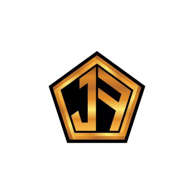 İzole arkaplan, altın geometrik şekil, altın geometrik şekil, altın ve altın monogram ile geometrik altın şekil tasarımı ile JF logosu