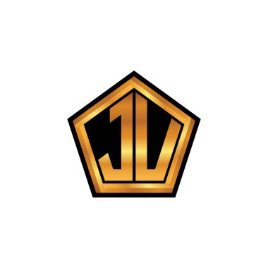 İzole arkaplan, altın geometrik şekil, altın geometrik şekil, altın ve altın monogram ile geometrik altın şekil tasarımlı JU logosu