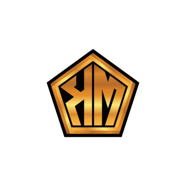 İzole arkaplan, altın geometrik şekil, altın geometrik şekil, altın ve altın monogram ile geometrik altın şekil tasarımlı KM logosu
