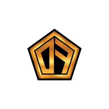İzole arkaplan, altın geometrik şekil, altın geometrik şekil, altın ve altın monogram ile geometrik altın şekil tasarımlı ilk logo