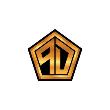 Yalıtılmış arka plan, altın geometrik şekil, altın geometrik şekil, altın ve altın monogram ile geometrik altın şekilli PD logosu