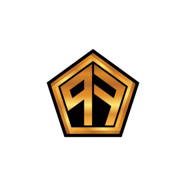 İzole arkaplan, altın geometrik şekil, altın geometrik şekil, altın ve altın monogram ile geometrik altın şekil tasarımlı PF logosu