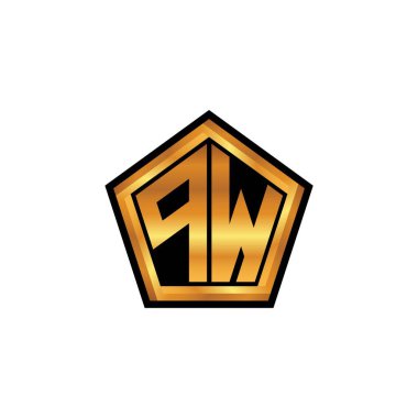 İzole arkaplan, altın geometrik şekil, altın geometrik şekil, altın ve altın monogram ile geometrik altın şekil tasarımlı PW logosu