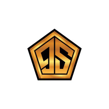 Yalıtılmış arka plan, altın geometrik şekil, altın geometrik şekil, altın ve altın monogram ile geometrik altın şekil tasarımlı QS logosu
