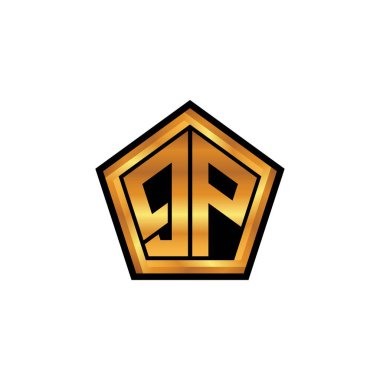 Yalıtılmış arka plan, altın geometrik şekil, altın geometrik şekil, altın ve altın monogram ile geometrik altın şekil tasarımlı QP logosu
