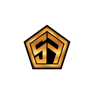 İzole arka plan, altın geometrik şekil, altın geometrik şekil, altın ve altın monogram geometrik tasarımı ile SF ilk monogram