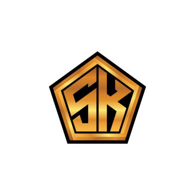 İzole arkaplan, altın geometrik şekil, altın geometrik şekil, altın ve altın monograma sahip geometrik altın şekilli ilk logo