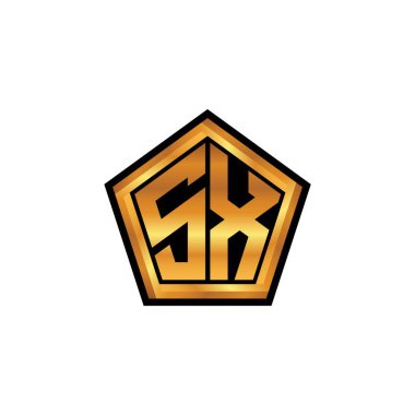 İzole arka plan, altın geometrik şekil, altın geometrik şekil, altın ve altın monogram geometrik tasarımlı SX logosu