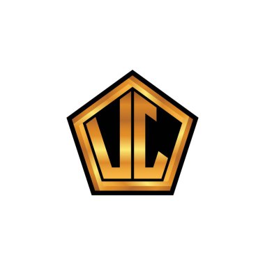 İzole arkaplan, altın geometrik şekil, altın geometrik şekil, altın ve altın monogram geometrik tasarımlı UJ logosu