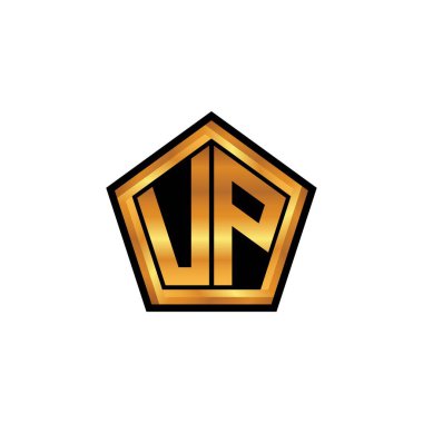 Yalıtılmış arka plan, altın geometrik şekil, altın geometrik şekil, altın ve altın monogram içeren UP logosu
