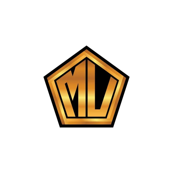 Muのロゴ孤立した背景に幾何学的な黄金の形状スタイルのデザインと初期のモノグラム 金の幾何学的な形状のスタイル 金と黄金のモノグラム — ストックベクタ