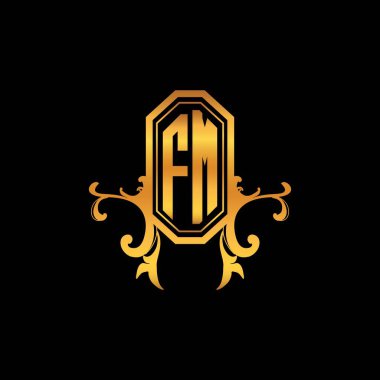 Modern geometrik altın stil tasarımlı FM Monogram logo harfi. Logo süsü, klasik monogram altın, süslemeli logo harfi.