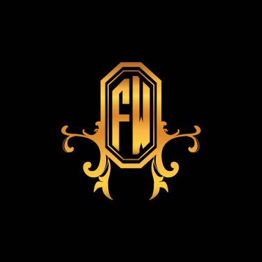 Modern geometrik altın stil tasarımlı FW Monogram logo harfi. Logo süsü, klasik monogram altın, süslemeli logo harfi.