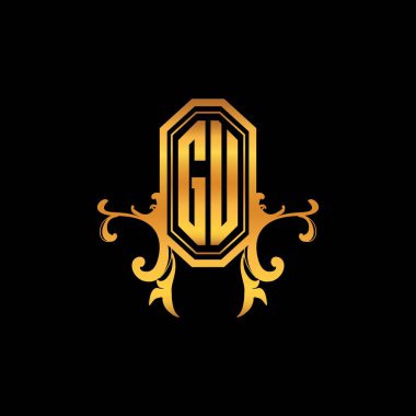 Modern geometrik altın stil tasarımlı GU Monogram logo harfi. Logo süsü, klasik monogram altın, süslemeli logo harfi.