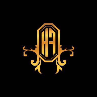 Modern geometrik altın stil tasarımlı HF Monogram logo harfi. Logo süsü, klasik monogram altın, süslemeli logo harfi.