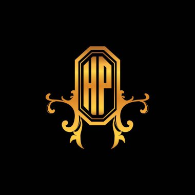 Modern geometrik altın stil tasarımlı HP Monogram logo harfi. Logo süsü, klasik monogram altın, süslemeli logo harfi.