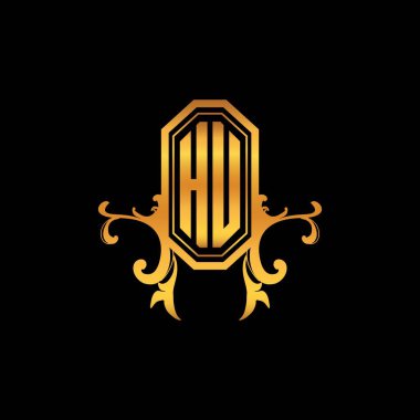 Modern geometrik altın stil tasarımlı HU Monogram logo harfi. Logo süsü, klasik monogram altın, süslemeli logo harfi.