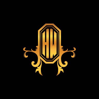 Modern geometrik altın stil tasarımlı HW Monogram logo harfi. Logo süsü, klasik monogram altın, süslemeli logo harfi.