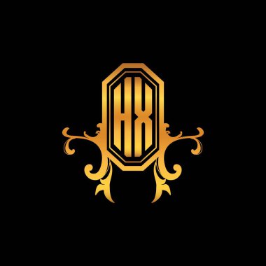 Modern geometrik altın stil tasarımlı HX Monogram logo harfi. Logo süsü, klasik monogram altın, süslemeli logo harfi.