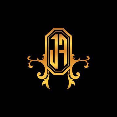 Modern geometrik altın stil tasarımlı JF Monogram logo harfi. Logo süsü, klasik monogram altın, süslemeli logo harfi.