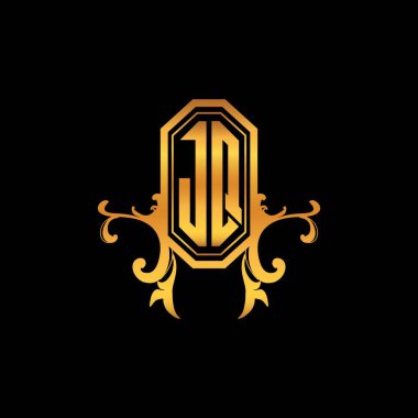 Modern geometrik altın stil tasarımlı JQ Monogram logo harfi. Logo süsü, klasik monogram altın, süslemeli logo harfi.