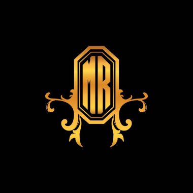 Modern geometrik altın stil tasarımlı MR Monogram logo harfi. Logo süsü, klasik monogram altın, süslemeli logo harfi.