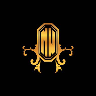 Modern geometrik altın stil tasarımlı MW Monogram logo harfi. Logo süsü, klasik monogram altın, süslemeli logo harfi.